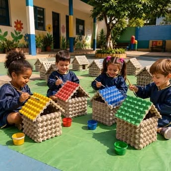 Crianças pintando casinhas de caixa de ovo no pátio da escola