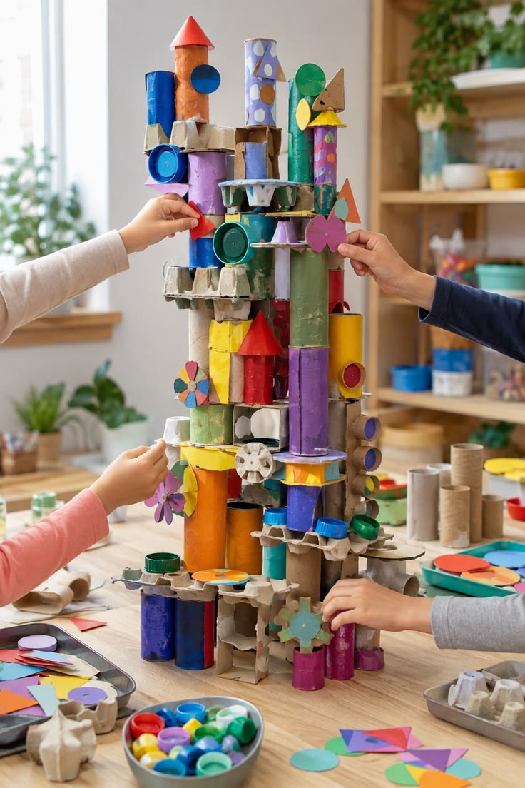 Mãos de crianças construindo juntas uma torre colorida de rolinhos e tampinhas recicladas